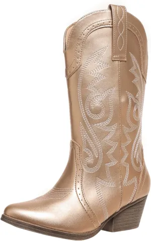 Cowboy Boots for Women Cowgirl Mid Calf Western Pointy Toe Boots Embroidered Stitched Chunky Heel Red Brown US5-11