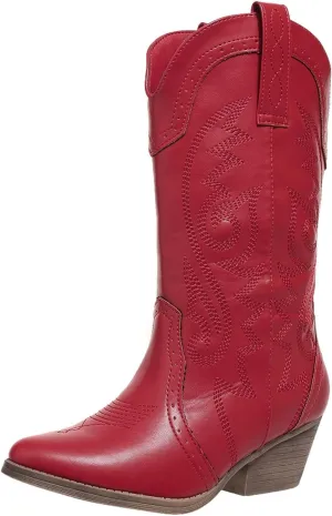 Cowboy Boots for Women Cowgirl Mid Calf Western Pointy Toe Boots Embroidered Stitched Chunky Heel Red Brown US5-11