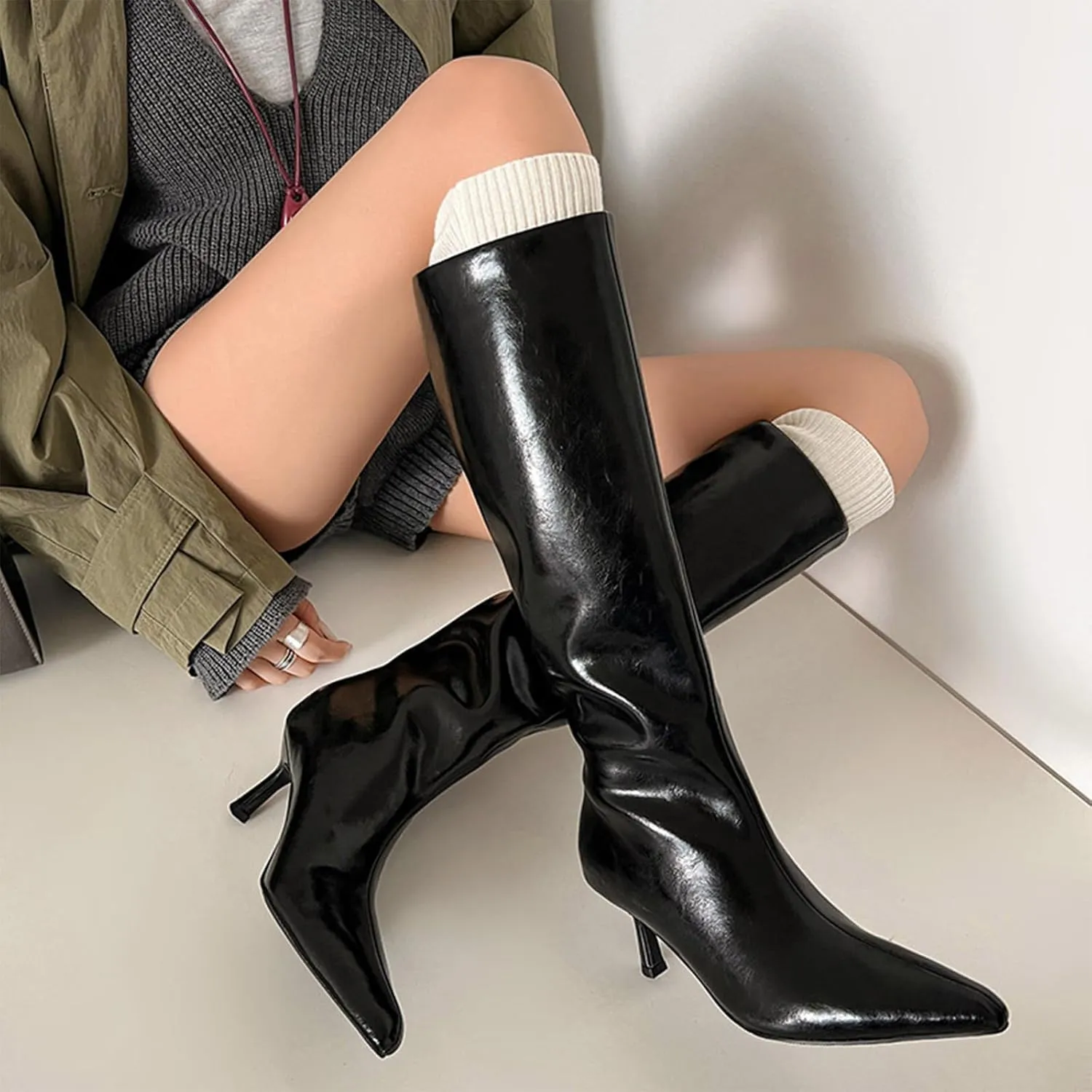 Cowhide High Boots,Pointed Stiletto Heels,Elegant and Simple Boots,Sheepskin Insoles,Cow Tendon Soles,All-season Wear