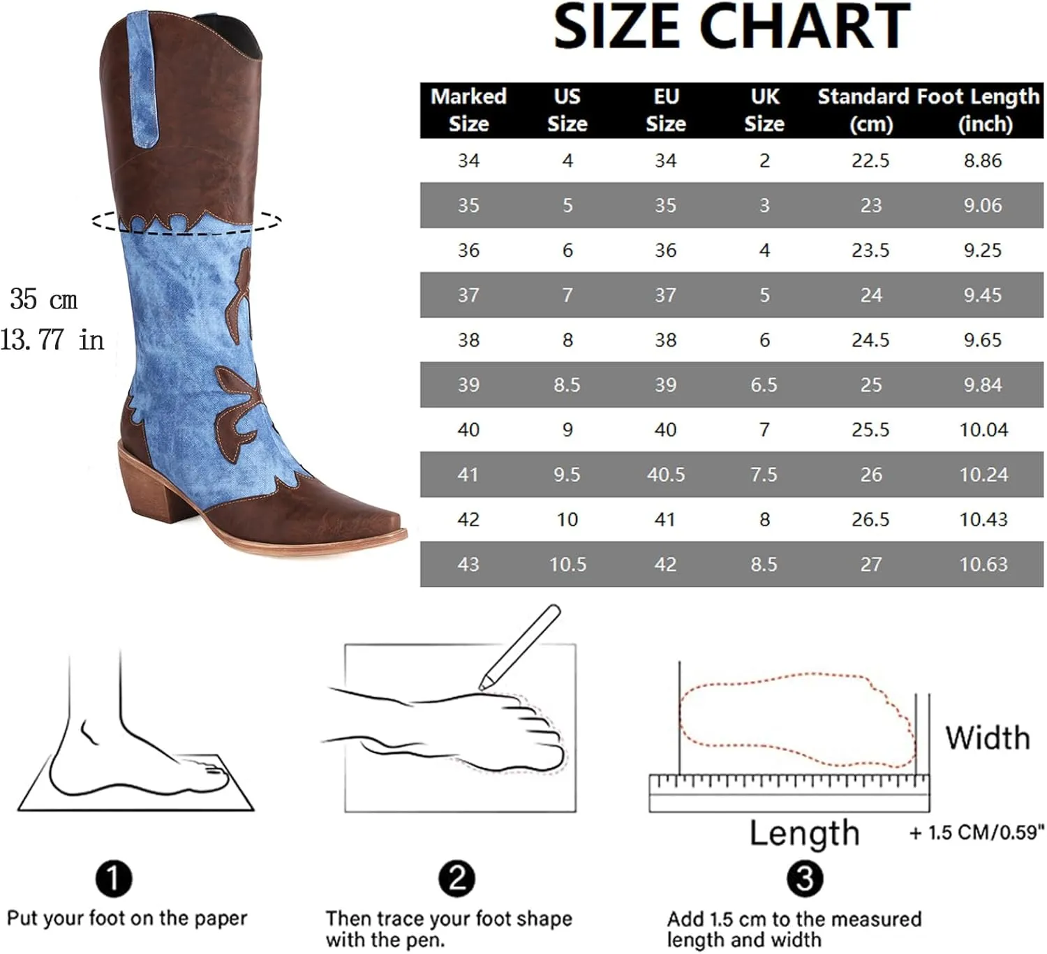 Cozivwaiy Women Denim Cowboy Boots Patchwork Knee High Boots Colorblock Western Cowgirl Mid Calf Jeans Shoes Pointed Toe Chunky Heel Pull On