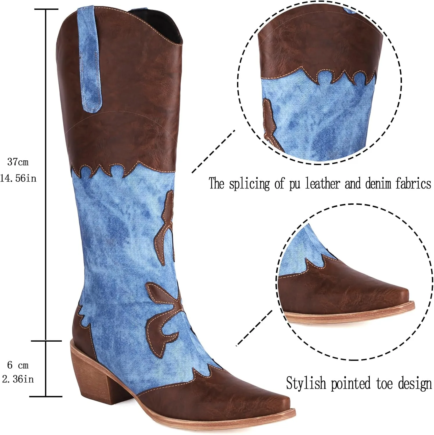 Cozivwaiy Women Denim Cowboy Boots Patchwork Knee High Boots Colorblock Western Cowgirl Mid Calf Jeans Shoes Pointed Toe Chunky Heel Pull On