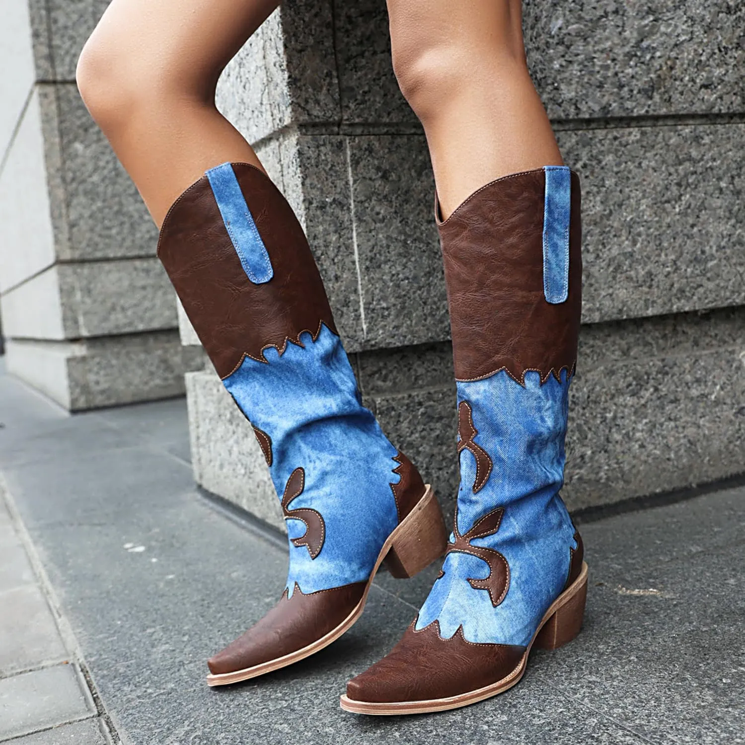 Cozivwaiy Women Denim Cowboy Boots Patchwork Knee High Boots Colorblock Western Cowgirl Mid Calf Jeans Shoes Pointed Toe Chunky Heel Pull On