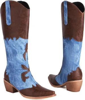 Cozivwaiy Women Denim Cowboy Boots Patchwork Knee High Boots Colorblock Western Cowgirl Mid Calf Jeans Shoes Pointed Toe Chunky Heel Pull On