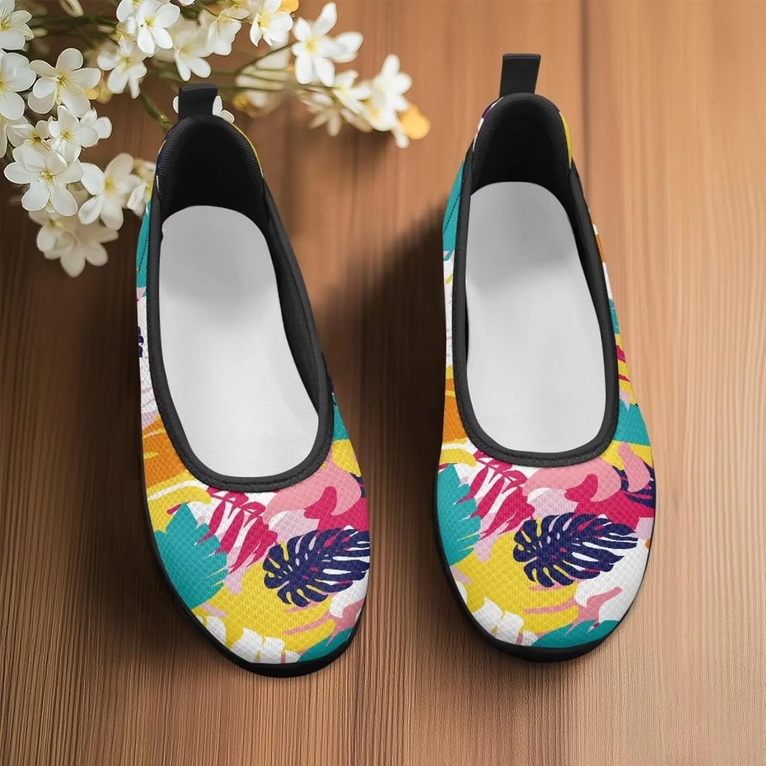 Creative Plants Print Ballet Flats Shoes for Women Slip On Platform Loafers Round Toe Soft Mesh Breathable Casual Sneakers Daily Wear