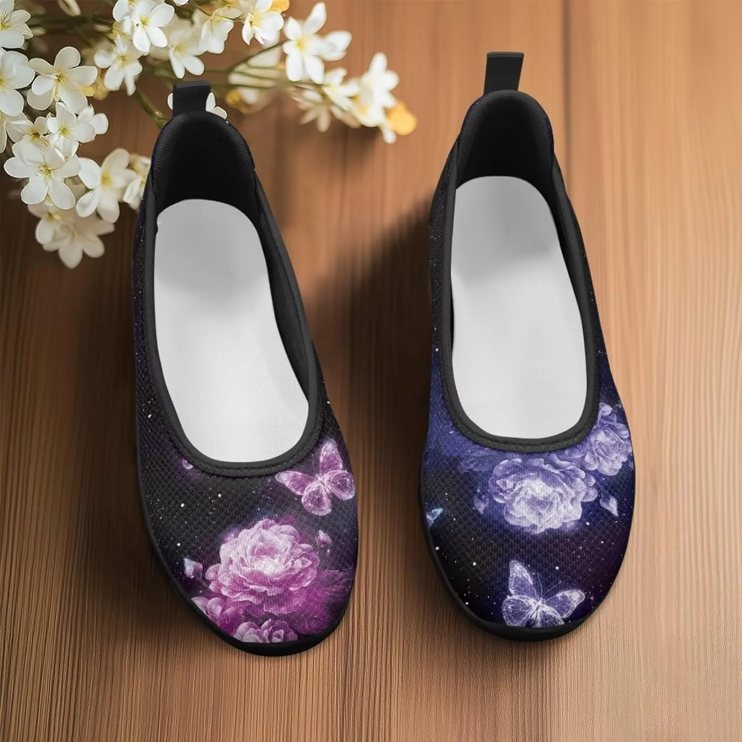 Creative Stylish Floral Print Ballet Flats for Women Slip On Mesh Breathable Casual Sneakers Fit Comfort Ballerina Loafers Daily Wear