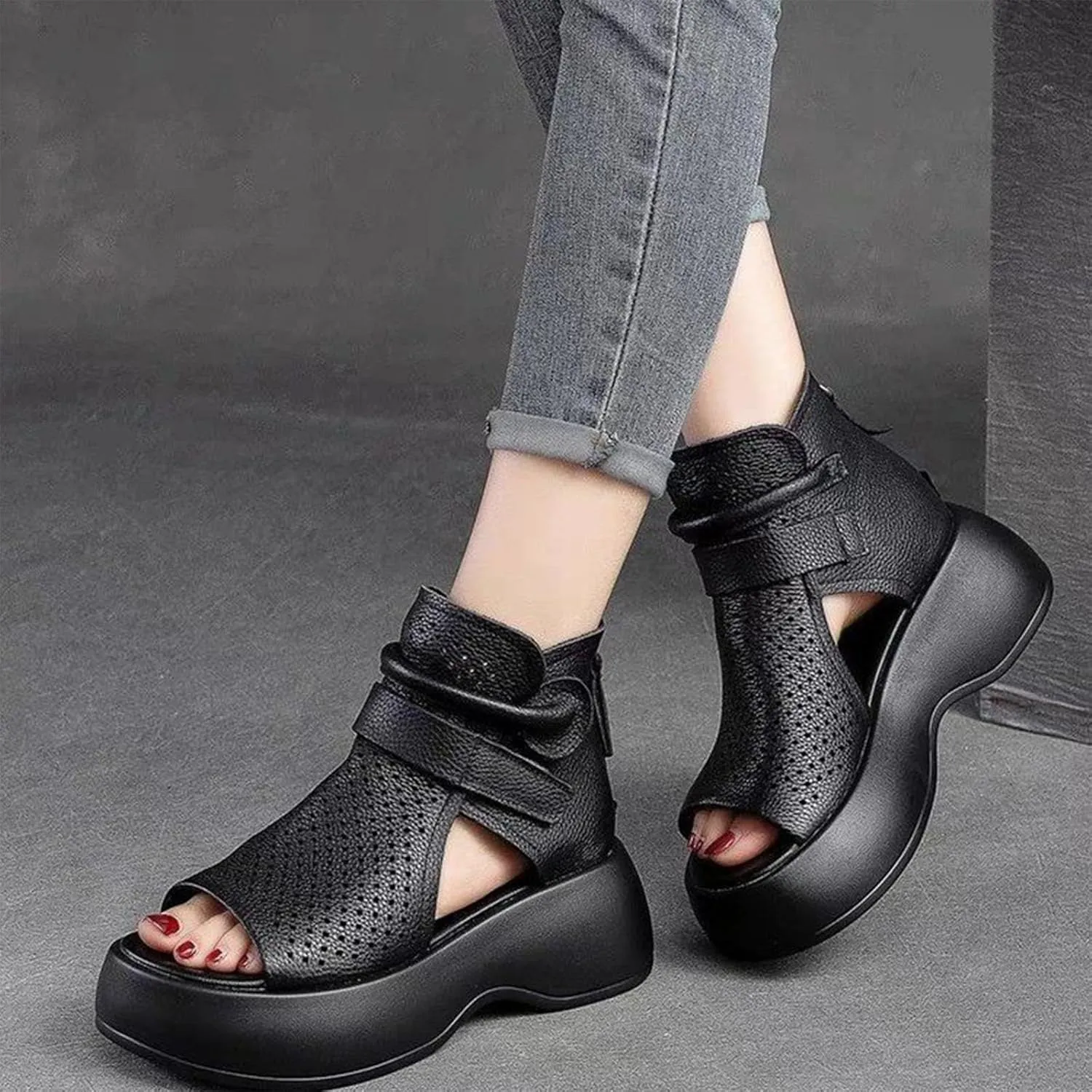 Crepuscute Women's Leather Platform Wedge Sandals Adjustable Open Toe Back Zipper Hook Loop Causal Roman Sandals High Top Round Toe Breathable Walking Dress Shoes