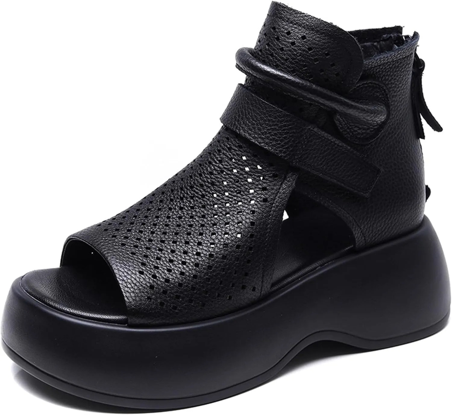 Crepuscute Women's Leather Platform Wedge Sandals Adjustable Open Toe Back Zipper Hook Loop Causal Roman Sandals High Top Round Toe Breathable Walking Dress Shoes