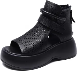 Crepuscute Women's Leather Platform Wedge Sandals Adjustable Open Toe Back Zipper Hook Loop Causal Roman Sandals High Top Round Toe Breathable Walking Dress Shoes