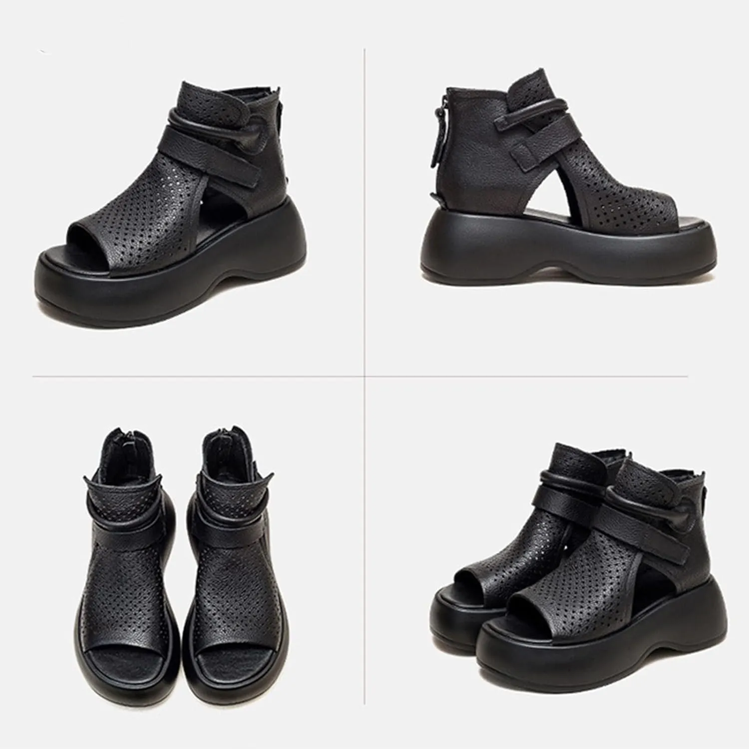 Crepuscute Women's Leather Platform Wedge Sandals Adjustable Open Toe Back Zipper Hook Loop Causal Roman Sandals High Top Round Toe Breathable Walking Dress Shoes