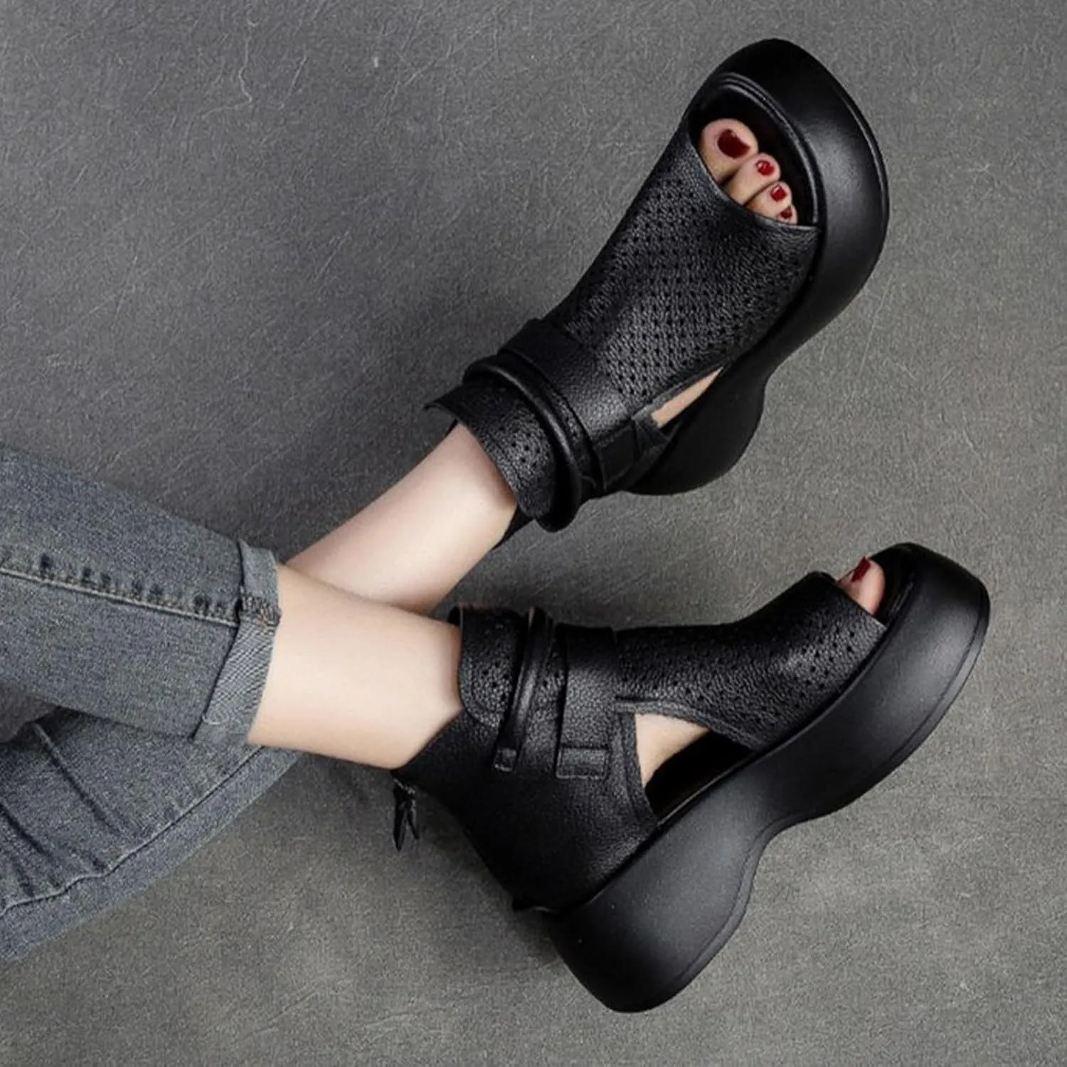 Crepuscute Women's Leather Platform Wedge Sandals Adjustable Open Toe Back Zipper Hook Loop Causal Roman Sandals High Top Round Toe Breathable Walking Dress Shoes