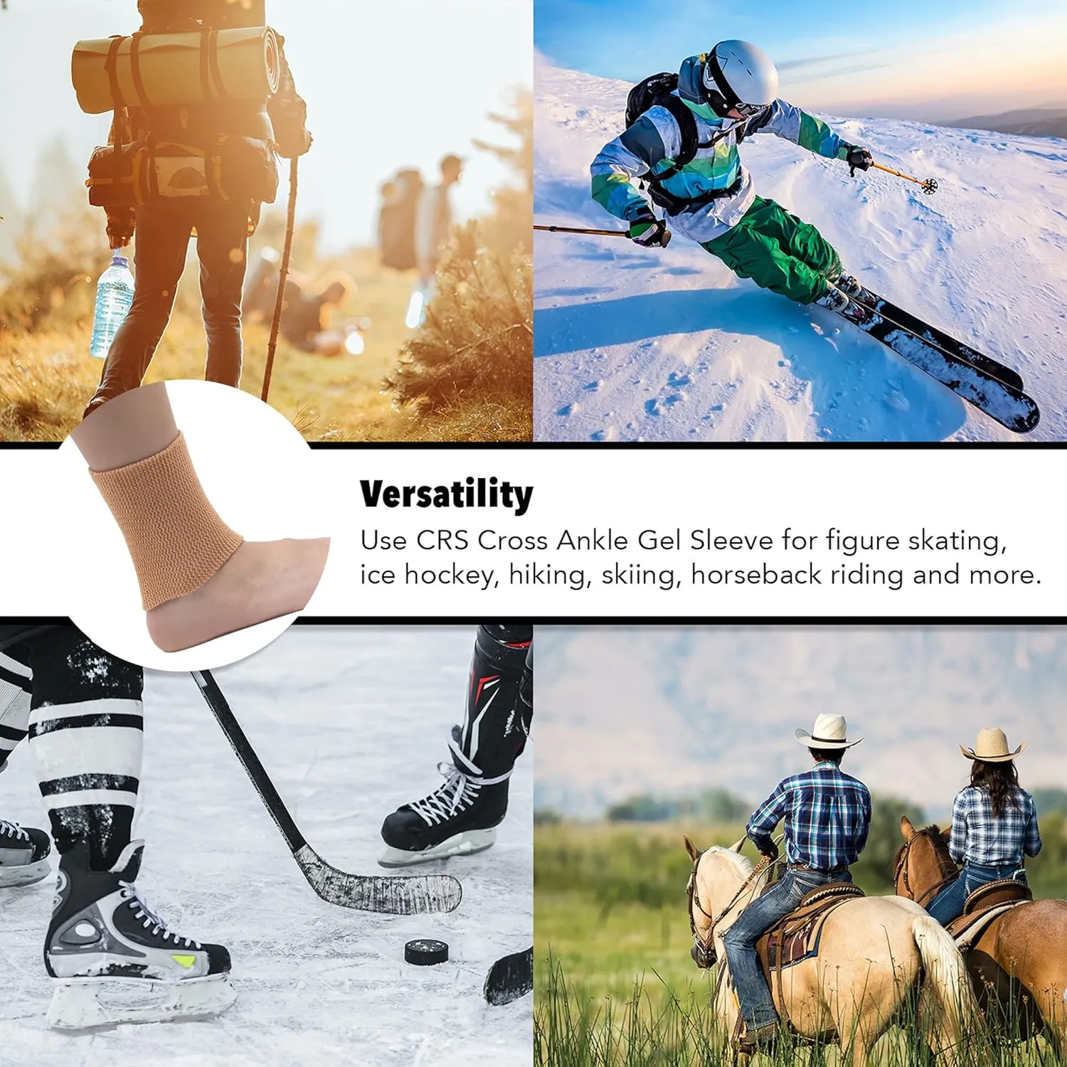 CRS Cross Ankle Gel Sleeves. One Pair of Premium Padded Skate Socks to Cushion and Protect Ankle, Foot and Leg for Figure Skating, Ice Hockey, Roller, Inline Skates. Riding or Ski Boots.