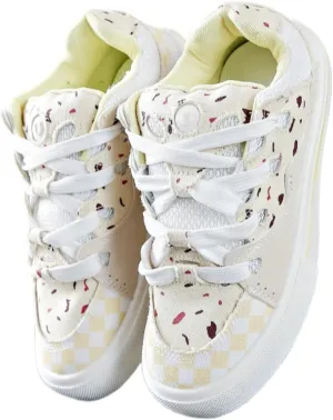 Cute Dessert Print Sneakers for Girls Y2K Pastel Ice Cream Chunky Platform Shoes Anti-Slip Low-Top Canvas Kawaii Aesthetic Fashion Sneaker for Teens & Women