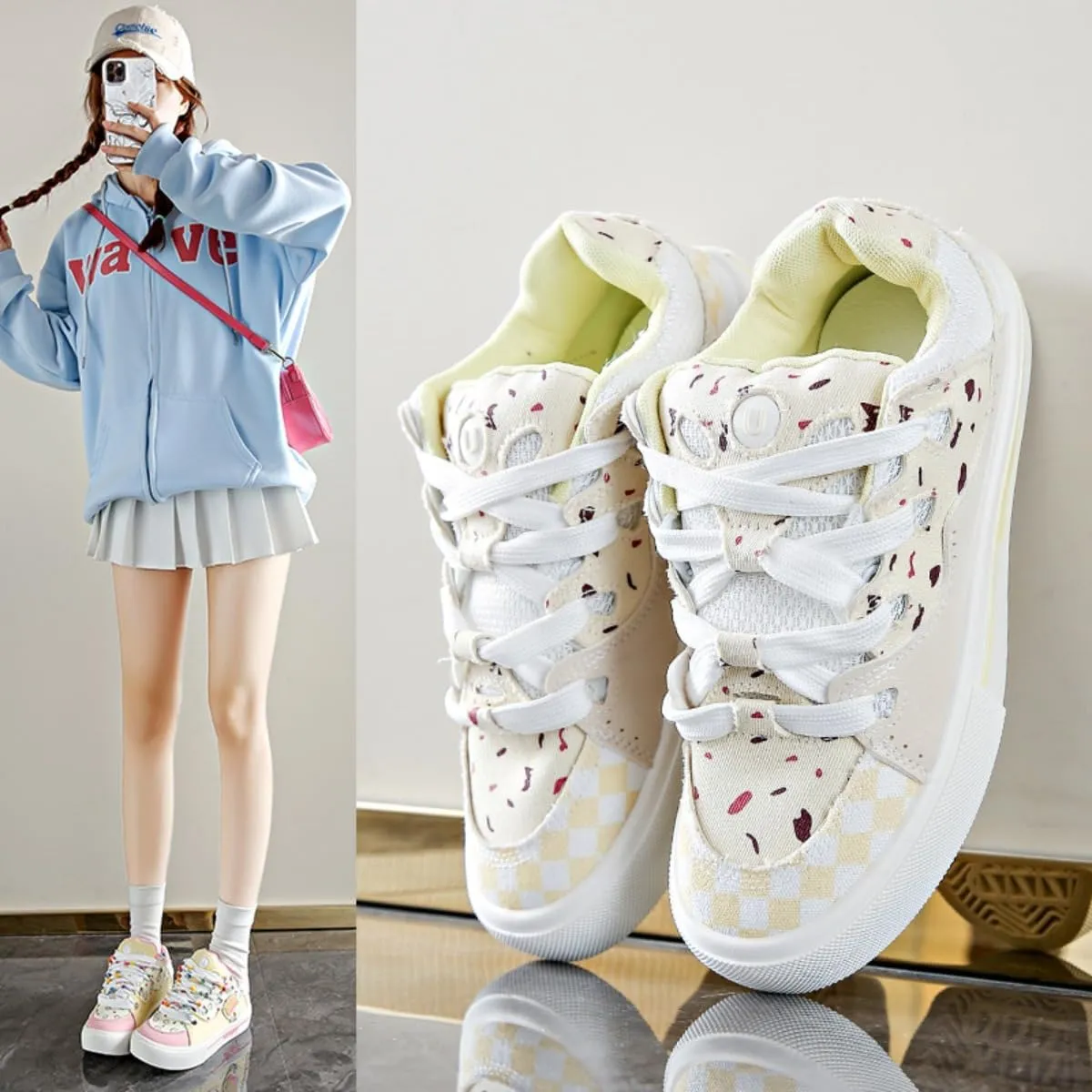 Cute Dessert Print Sneakers for Girls Y2K Pastel Ice Cream Chunky Platform Shoes Anti-Slip Low-Top Canvas Kawaii Aesthetic Fashion Sneaker for Teens & Women