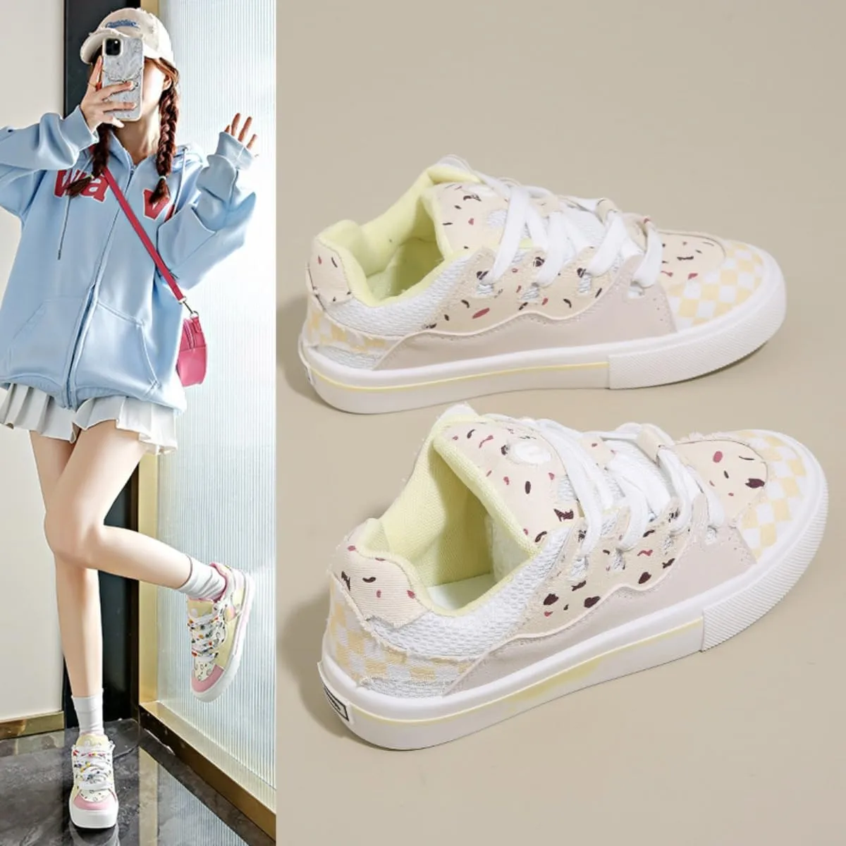 Cute Dessert Print Sneakers for Girls Y2K Pastel Ice Cream Chunky Platform Shoes Anti-Slip Low-Top Canvas Kawaii Aesthetic Fashion Sneaker for Teens & Women