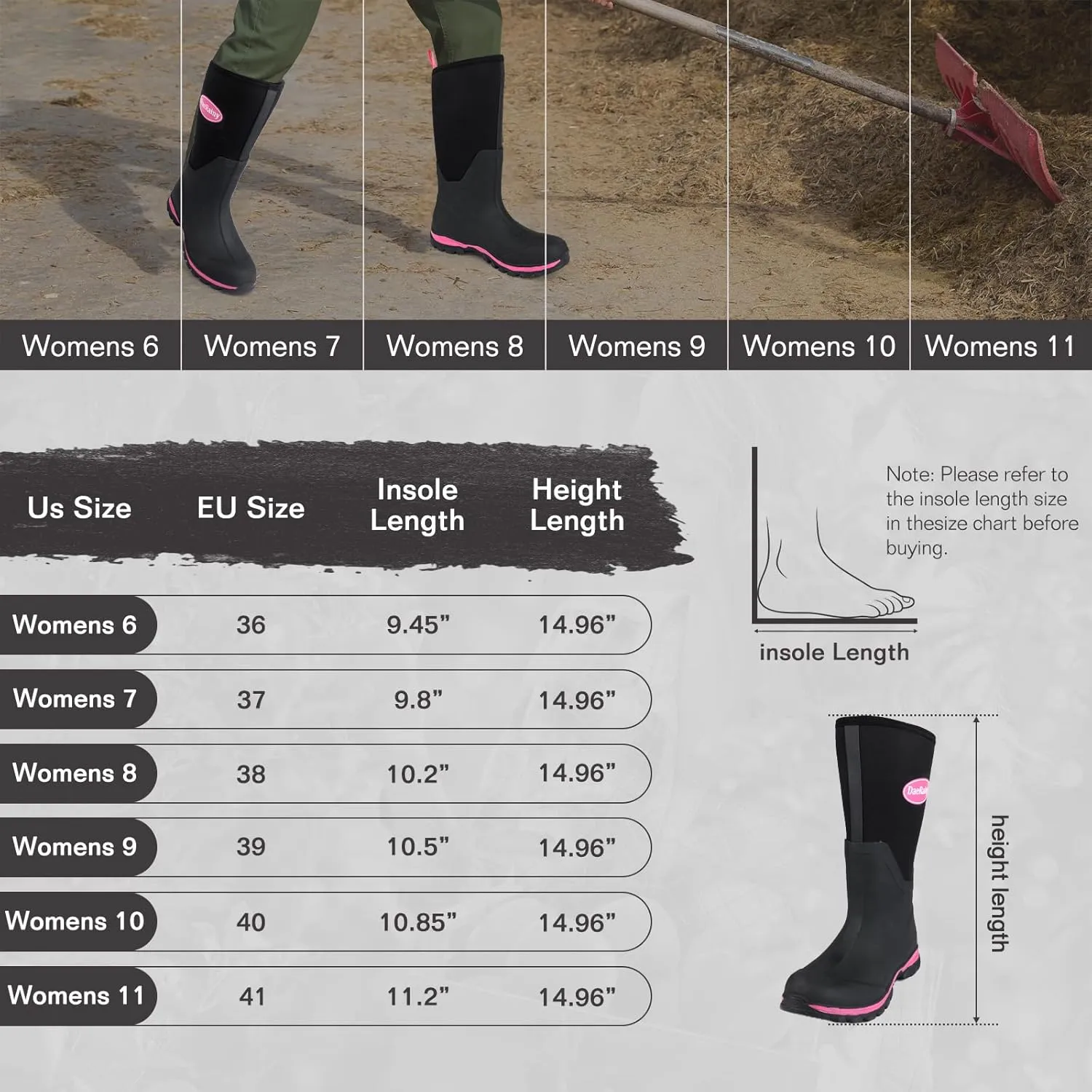 DaeRainy Rubber Rain Boots for Women Waterproof Boots Durable Neoprene Boots Insulated Mud Hunting Work Shoes for Outdoor Fsh Pond, Gradens,Hike,Farms