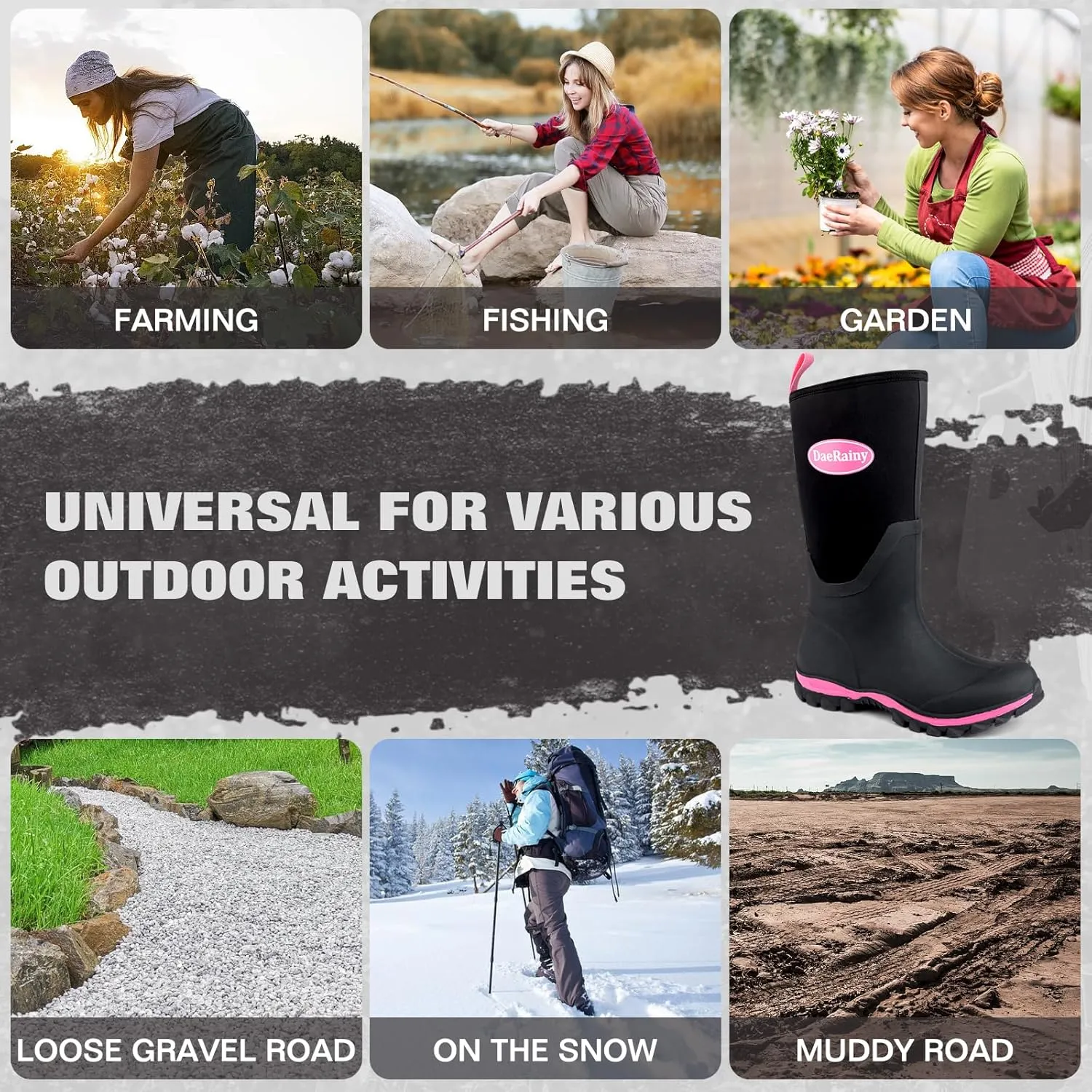DaeRainy Rubber Rain Boots for Women Waterproof Boots Durable Neoprene Boots Insulated Mud Hunting Work Shoes for Outdoor Fsh Pond, Gradens,Hike,Farms