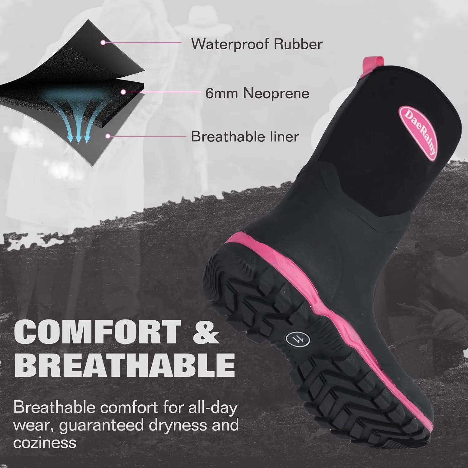 DaeRainy Rubber Rain Boots for Women Waterproof Boots Durable Neoprene Boots Insulated Mud Hunting Work Shoes for Outdoor Fsh Pond, Gradens,Hike,Farms