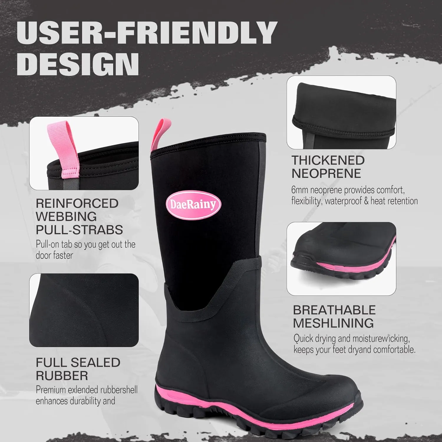 DaeRainy Rubber Rain Boots for Women Waterproof Boots Durable Neoprene Boots Insulated Mud Hunting Work Shoes for Outdoor Fsh Pond, Gradens,Hike,Farms