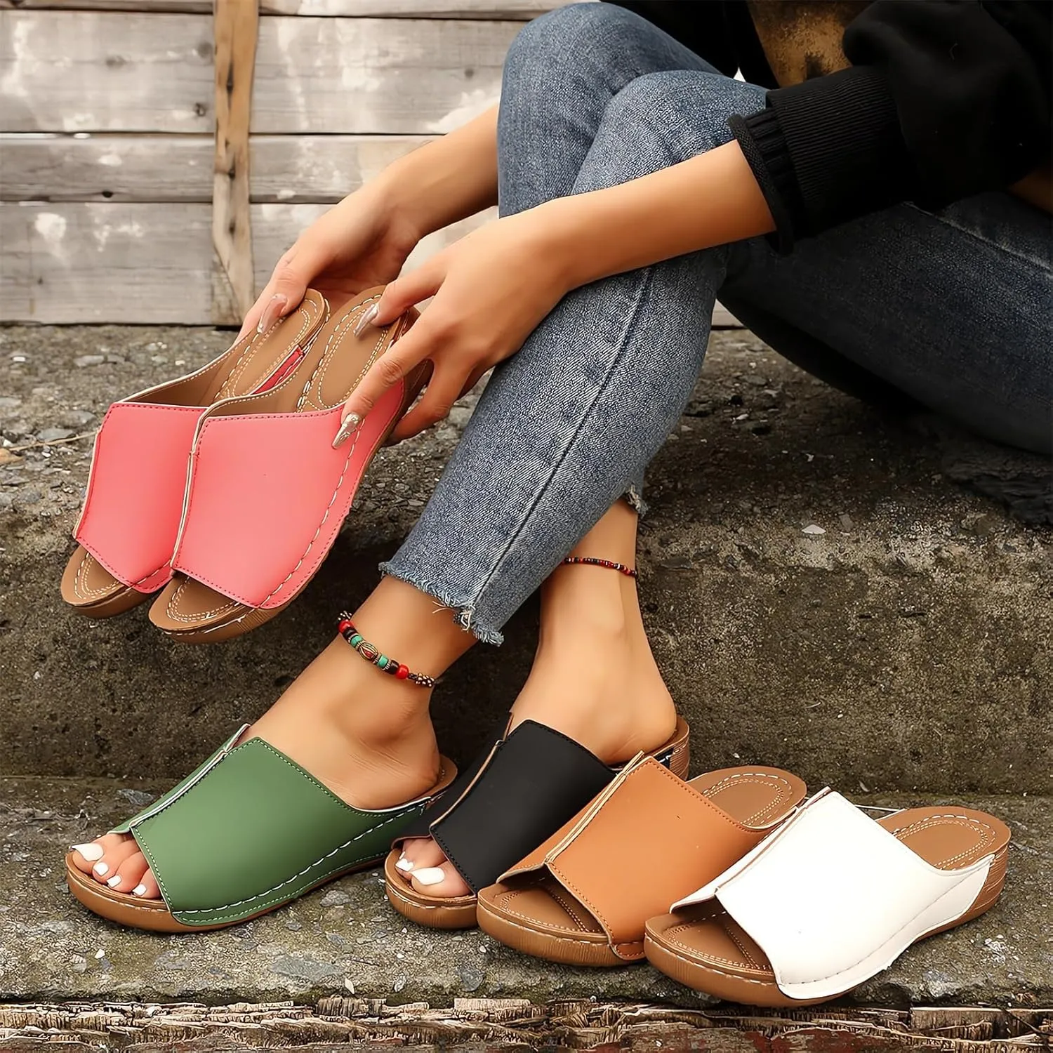 Damping Sole Upgradation Stretch Lightweight Sandals Orthopedic Arch Support Flat Slip on Wide Width Leather Platform Wedge Slides Heels Sandals Diabetic Walking Summer Shoes