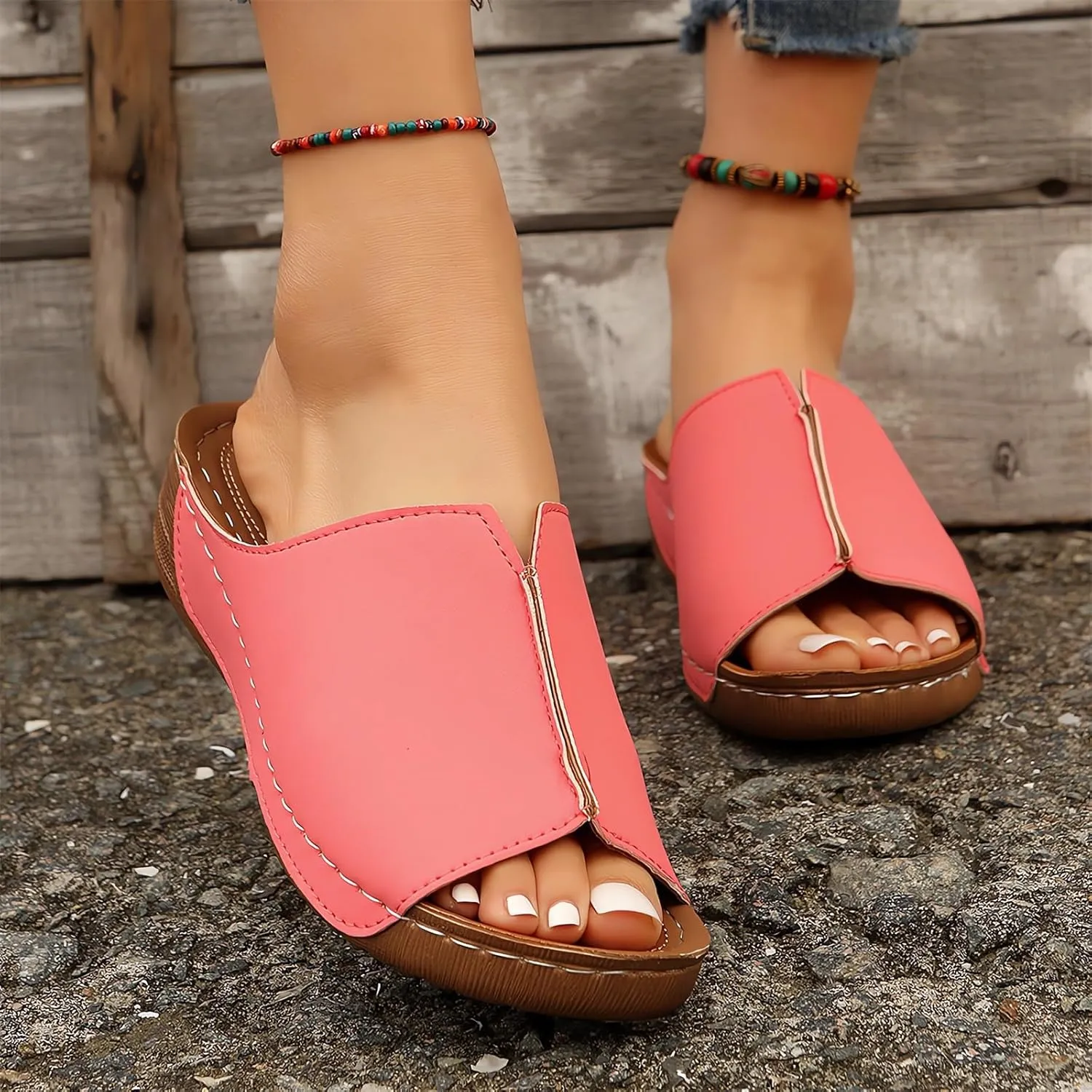 Damping Sole Upgradation Stretch Lightweight Sandals Orthopedic Arch Support Flat Slip on Wide Width Leather Platform Wedge Slides Heels Sandals Diabetic Walking Summer Shoes