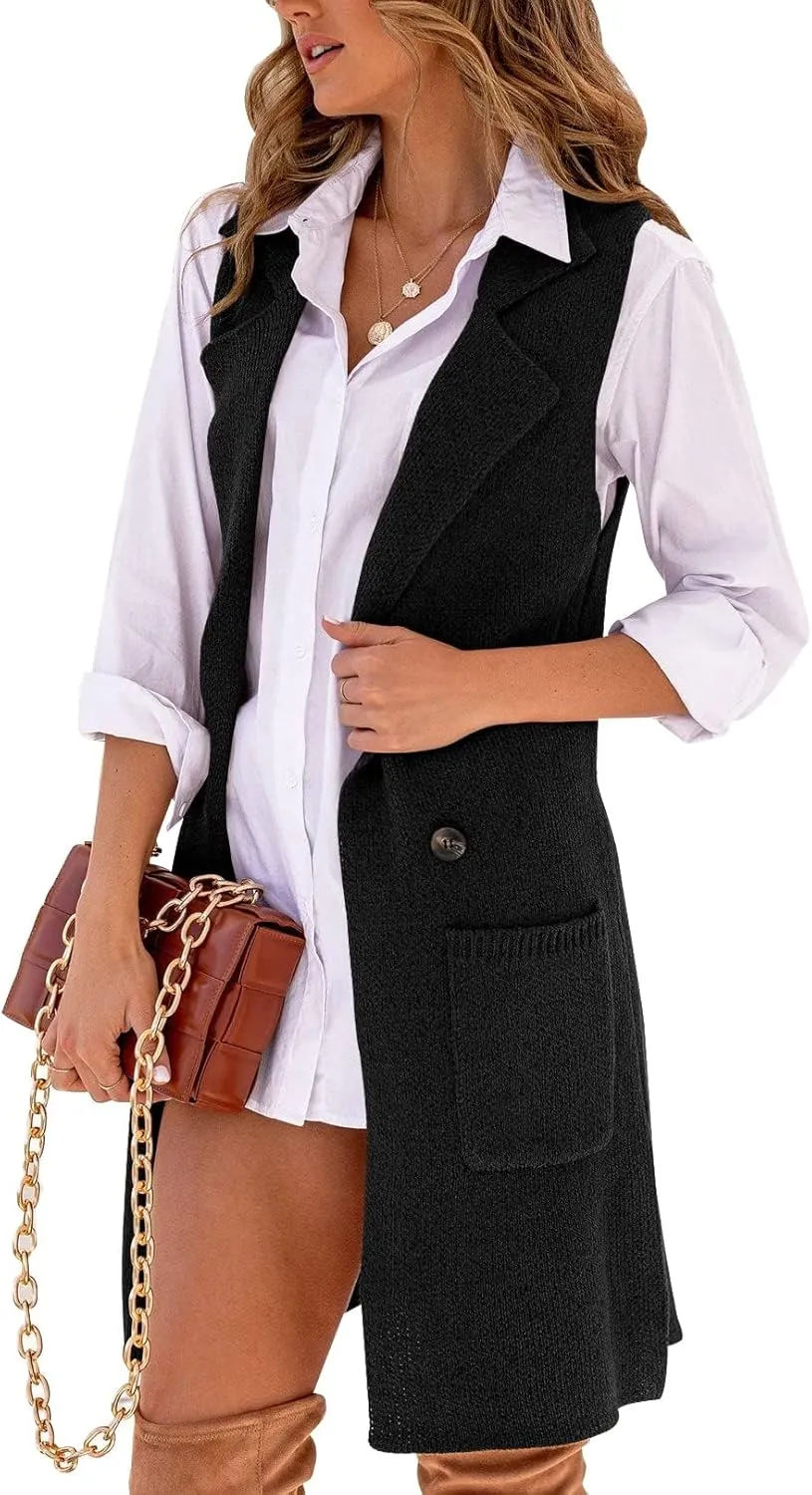 Danedvi Women Open Front Lapel Collar Cardigan Vest Button Down Long Sweaters Cardigan Solid Outerwear Coats