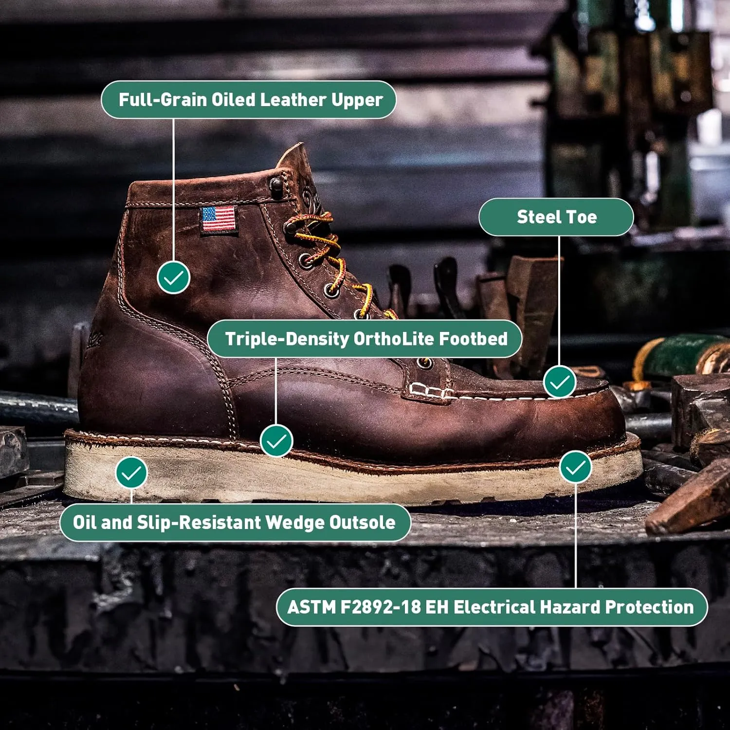 Danner 6” Bull Run Steel Toe Work Boots for Men - Oiled Full-Grain Leather with Non Slip Wedge Outsole and 3-Density Cushion Footbed, EH Resistant