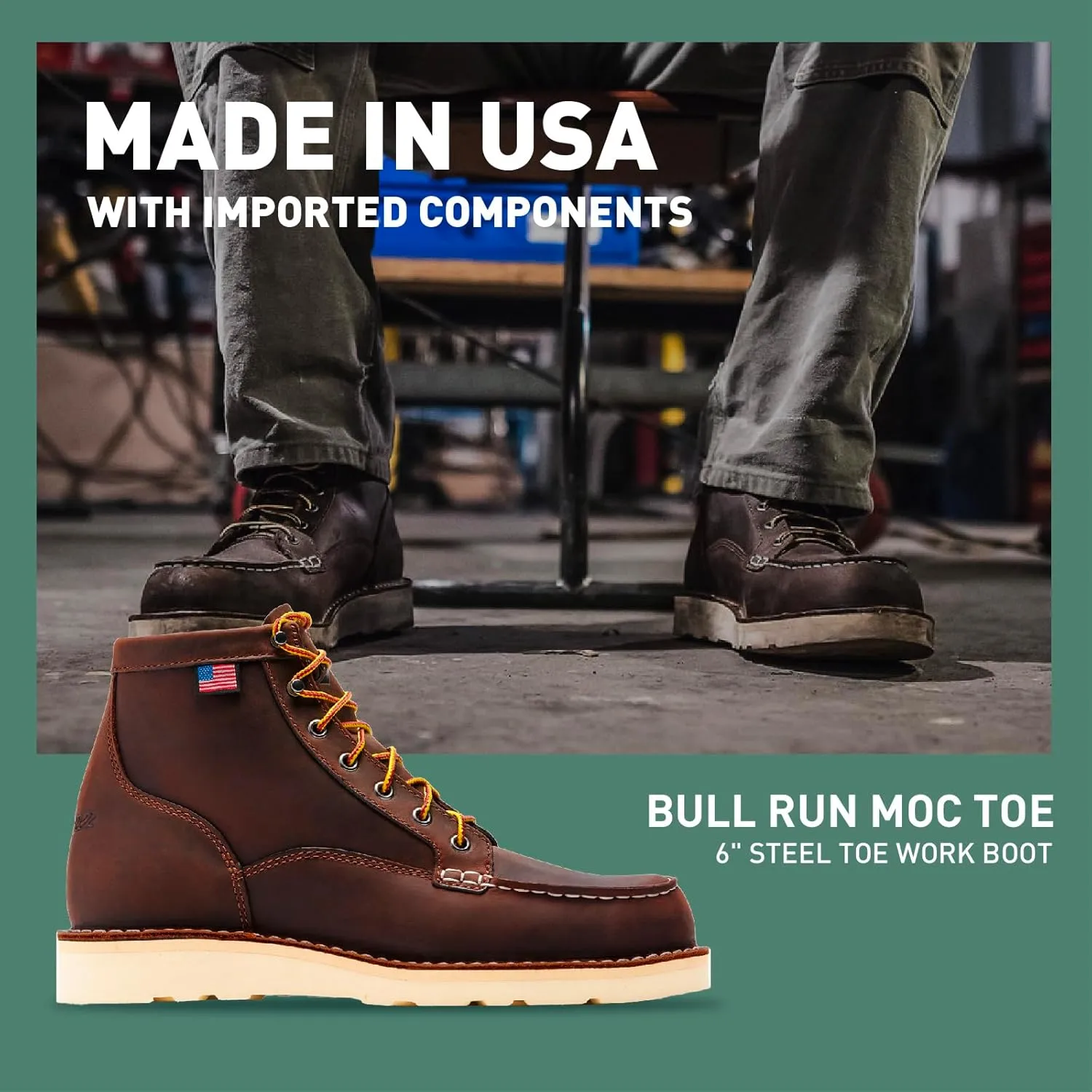 Danner 6” Bull Run Steel Toe Work Boots for Men - Oiled Full-Grain Leather with Non Slip Wedge Outsole and 3-Density Cushion Footbed, EH Resistant