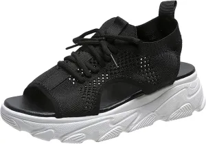 Dheva-C Orthopedic Wedge Sandals for Women Summer Dressy Women Sandals Mesh Casual Thick Soled Lace Up Sandals Open Toe Beach Shoes Platform Ankle Strap Comfortable Outdoor Shoes (Black, 9)
