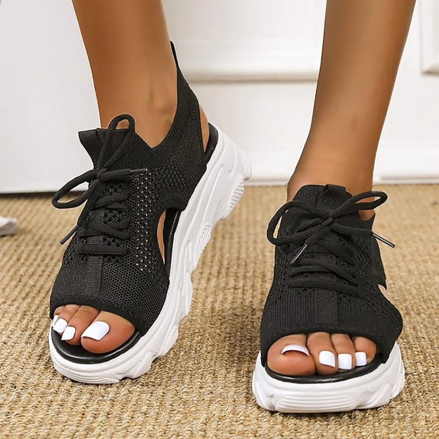 Dheva-C Orthopedic Wedge Sandals for Women Summer Dressy Women Sandals Mesh Casual Thick Soled Lace Up Sandals Open Toe Beach Shoes Platform Ankle Strap Comfortable Outdoor Shoes (Black, 9)