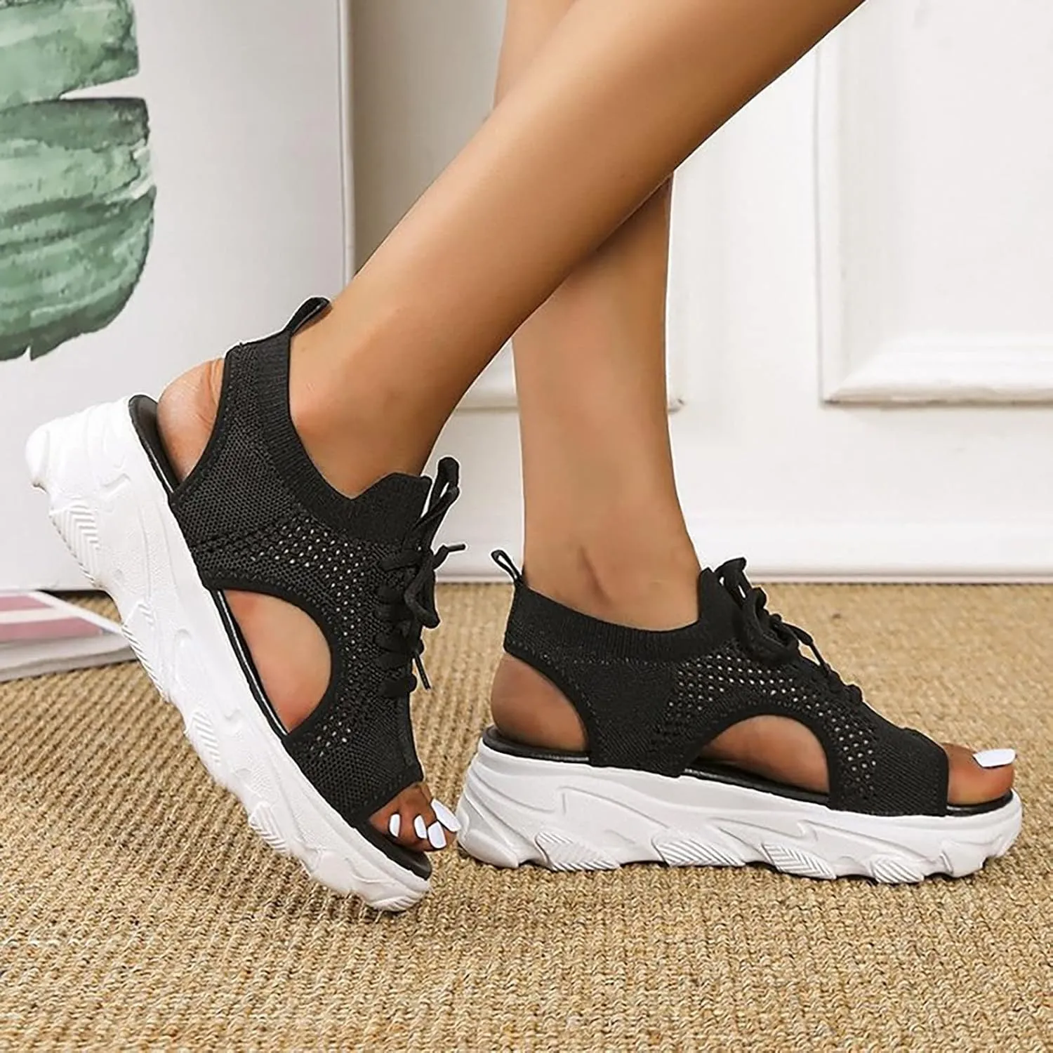 Dheva-C Orthopedic Wedge Sandals for Women Summer Dressy Women Sandals Mesh Casual Thick Soled Lace Up Sandals Open Toe Beach Shoes Platform Ankle Strap Comfortable Outdoor Shoes (Black, 9)