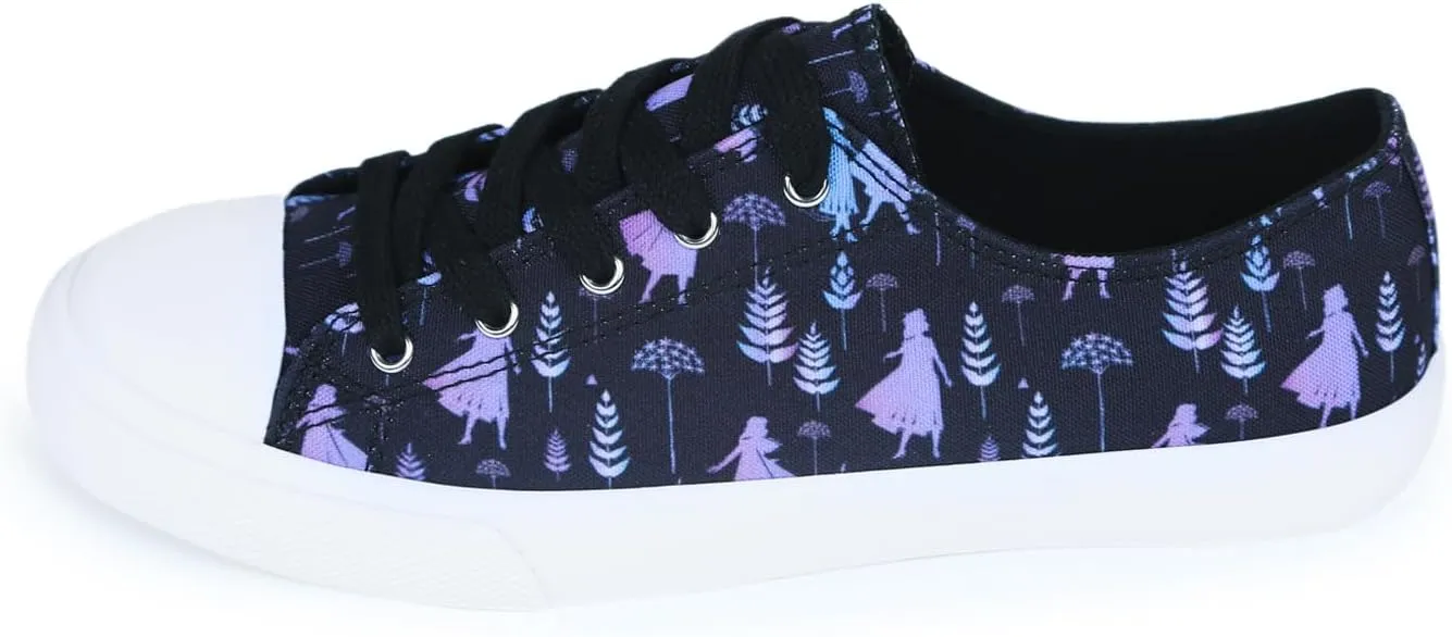 Disney Frozen Women's Canvas Sneakers Elsa & Anna Adult Shoes for Women and Teen Girls, Stitch Inspired Fashion - Magical Footwear for Every Disney Enthusiast, Black/Purple