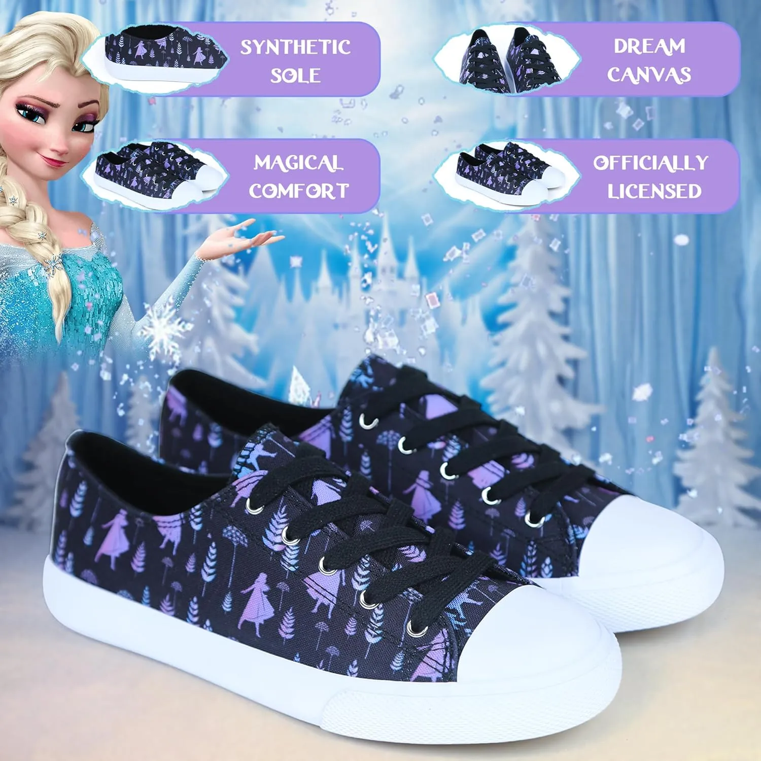 Disney Frozen Women's Canvas Sneakers Elsa & Anna Adult Shoes for Women and Teen Girls, Stitch Inspired Fashion - Magical Footwear for Every Disney Enthusiast, Black/Purple
