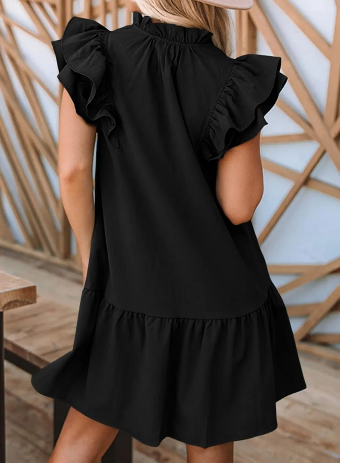 Dokotoo Womens Summer Dresses 2025 V-Neck Drawstring Ruffle Cap Short Sleeve Side Pockets Mini Dress Sundress