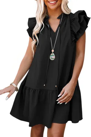Dokotoo Womens Summer Dresses 2025 V-Neck Drawstring Ruffle Cap Short Sleeve Side Pockets Mini Dress Sundress