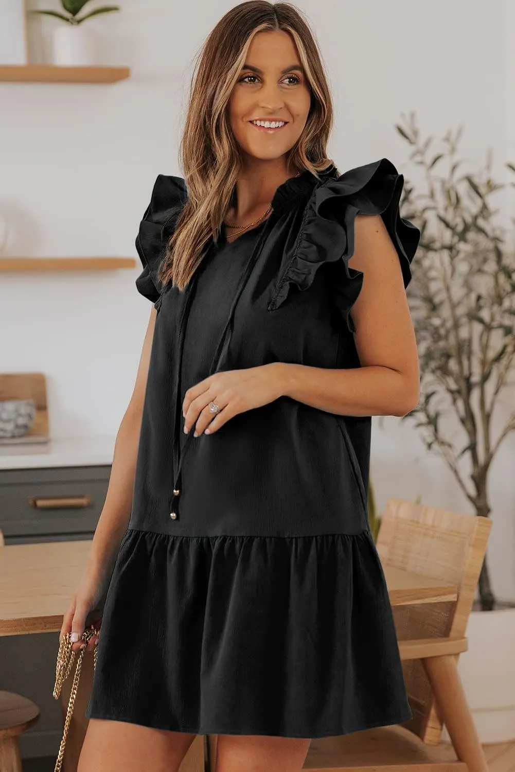 Dokotoo Womens Summer Dresses 2025 V-Neck Drawstring Ruffle Cap Short Sleeve Side Pockets Mini Dress Sundress