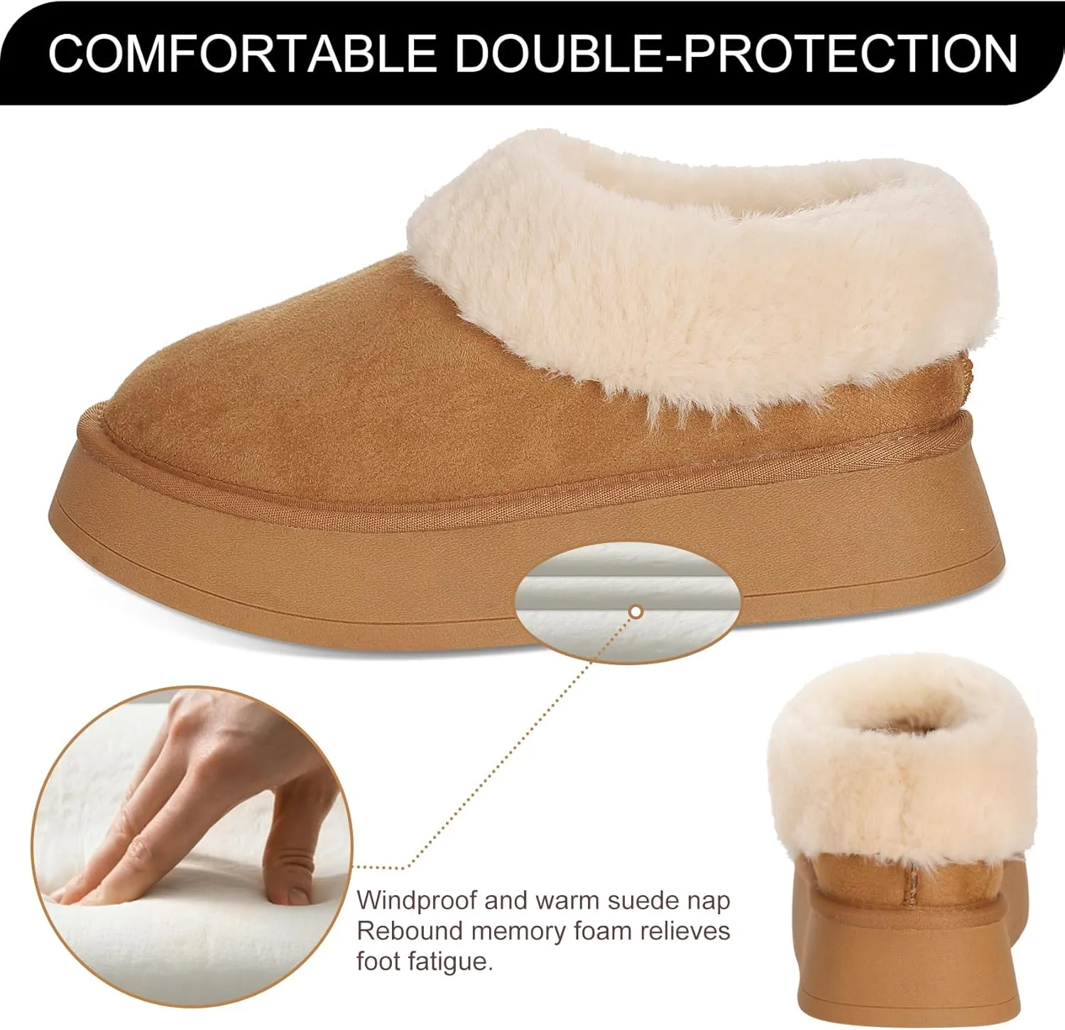 Double Couple Suede Leather Ankle Boots for Women Platform Slippers Fur Lined Short Boots Anti-Slip Mini Platform Boots Chestnut Snow Boots