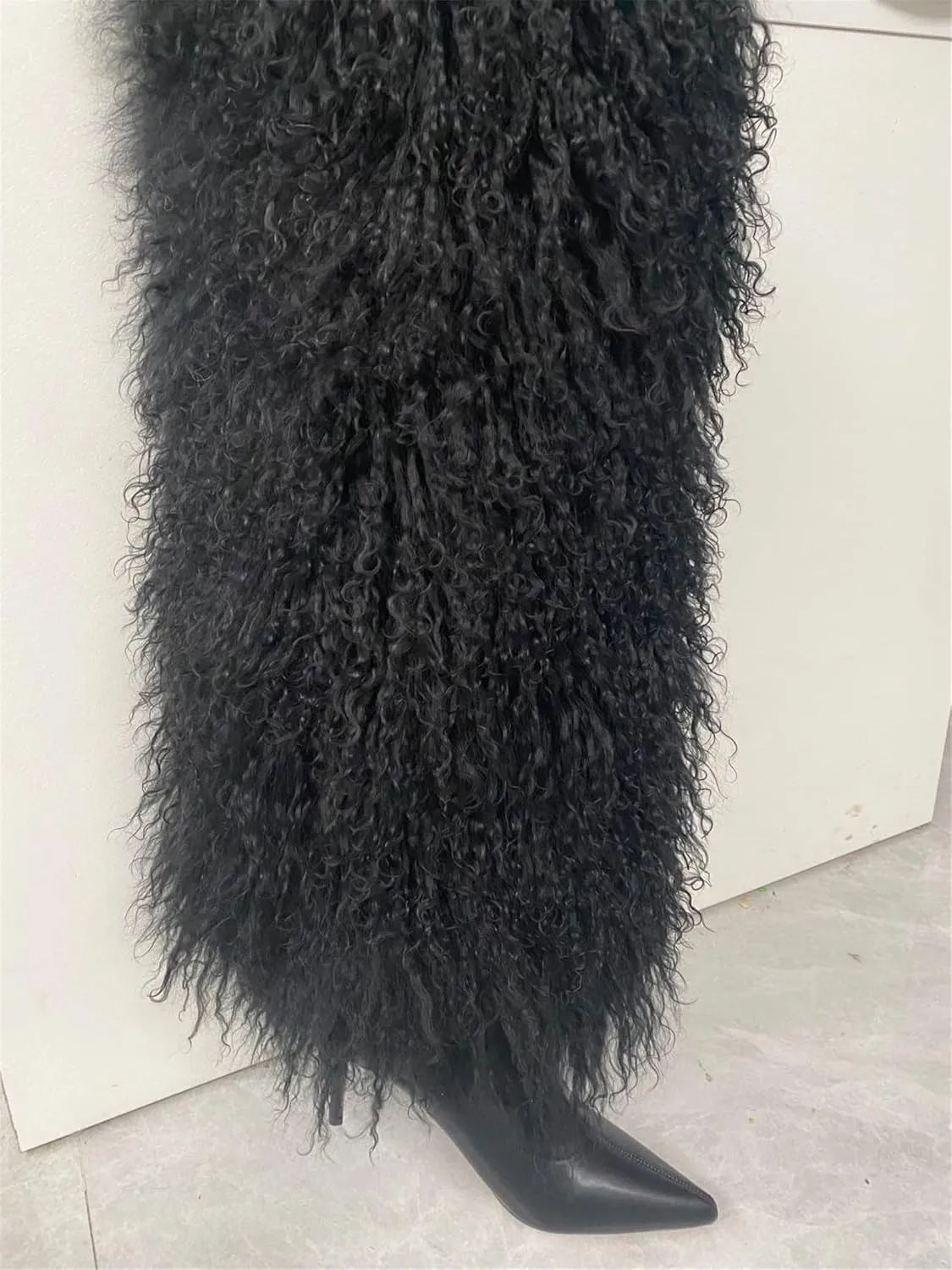 DR-64 Women's Pointed High Heels Boots With Fluffy Real Mongolian Curly Lamb Fur Over Knee Real Cow Leather Boot