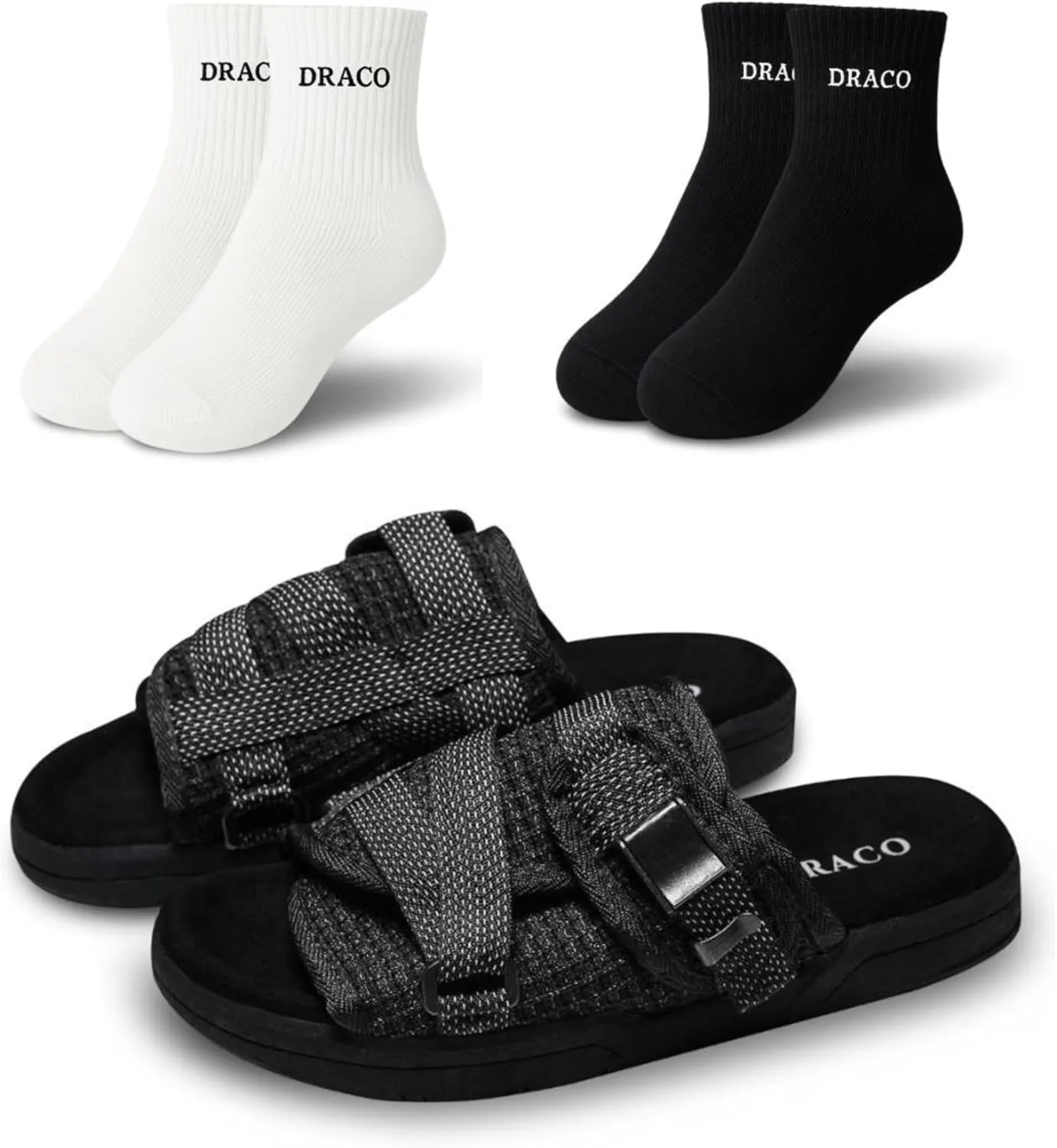 DracoSlides Reflective Slides for Men & Women, Made from Silk with Adjustable Straps, Sandals with Arch Support & Slip Resistant - Plus 1 White & 1 Black Comfort Fit Ankle Socks - Bundle