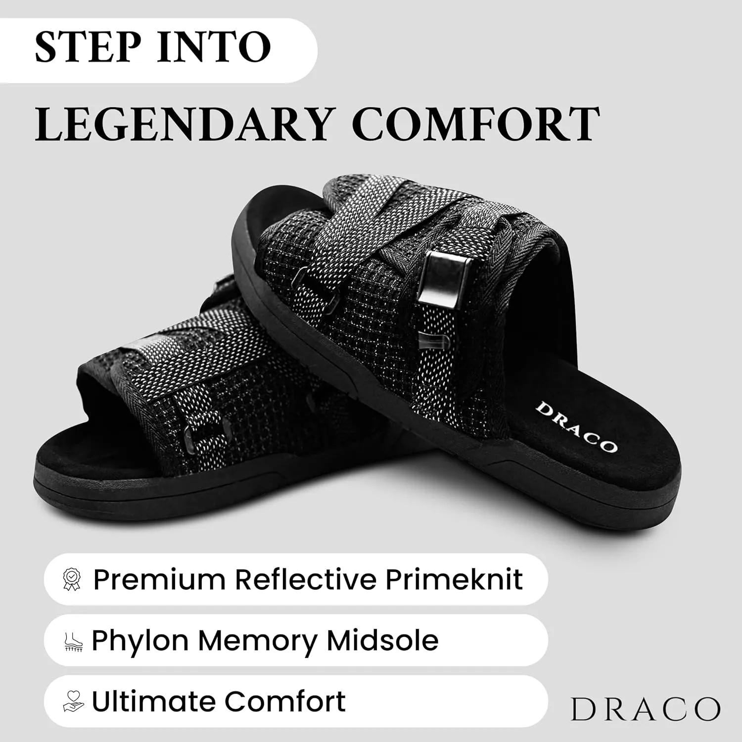 DracoSlides Reflective Slides for Men & Women, Made from Silk with Adjustable Straps, Sandals with Arch Support & Slip Resistant - Plus 1 White & 1 Black Comfort Fit Ankle Socks - Bundle