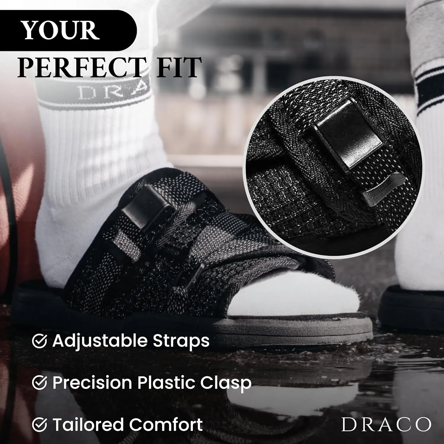 DracoSlides Reflective Slides for Men & Women, Made from Silk with Adjustable Straps, Sandals with Arch Support & Slip Resistant - Plus 1 White & 1 Black Comfort Fit Ankle Socks - Bundle