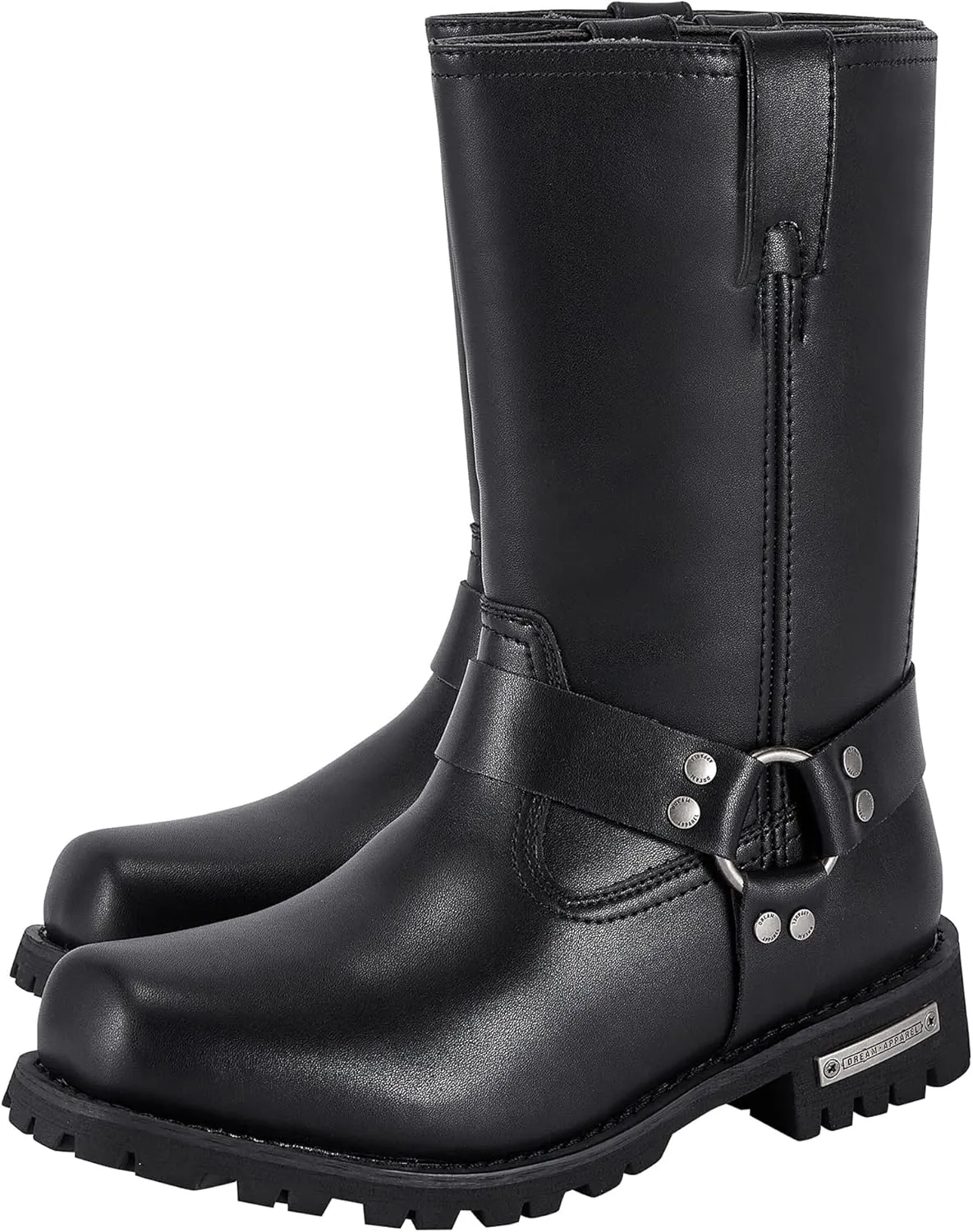 Dream Apparel Men's 11in Harness Motorcycle Boots for Riding, Square Toe Biker Boots, Waterproof Black PU Leather Mid Calf Boots Knee High Boots