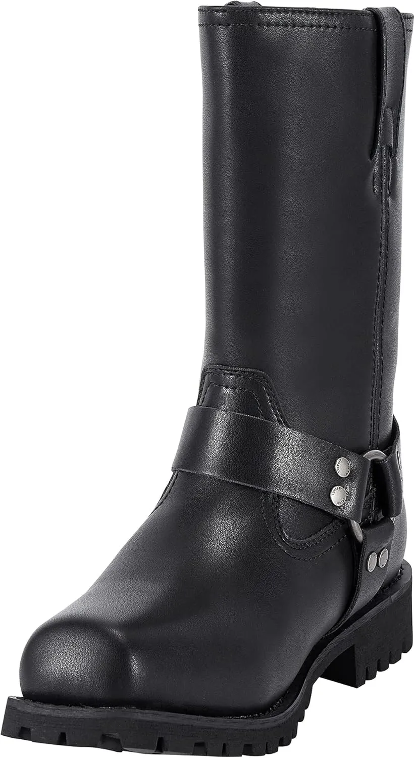 Dream Apparel Men's 11in Harness Motorcycle Boots for Riding, Square Toe Biker Boots, Waterproof Black PU Leather Mid Calf Boots Knee High Boots