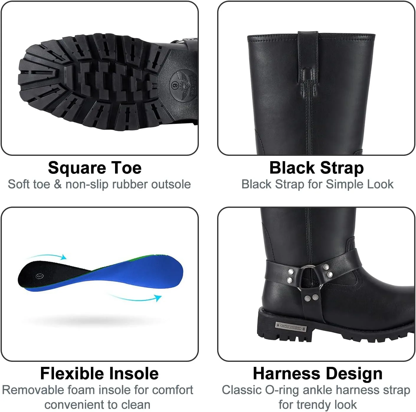 Dream Apparel Men's 11in Harness Motorcycle Boots for Riding, Square Toe Biker Boots, Waterproof Black PU Leather Mid Calf Boots Knee High Boots