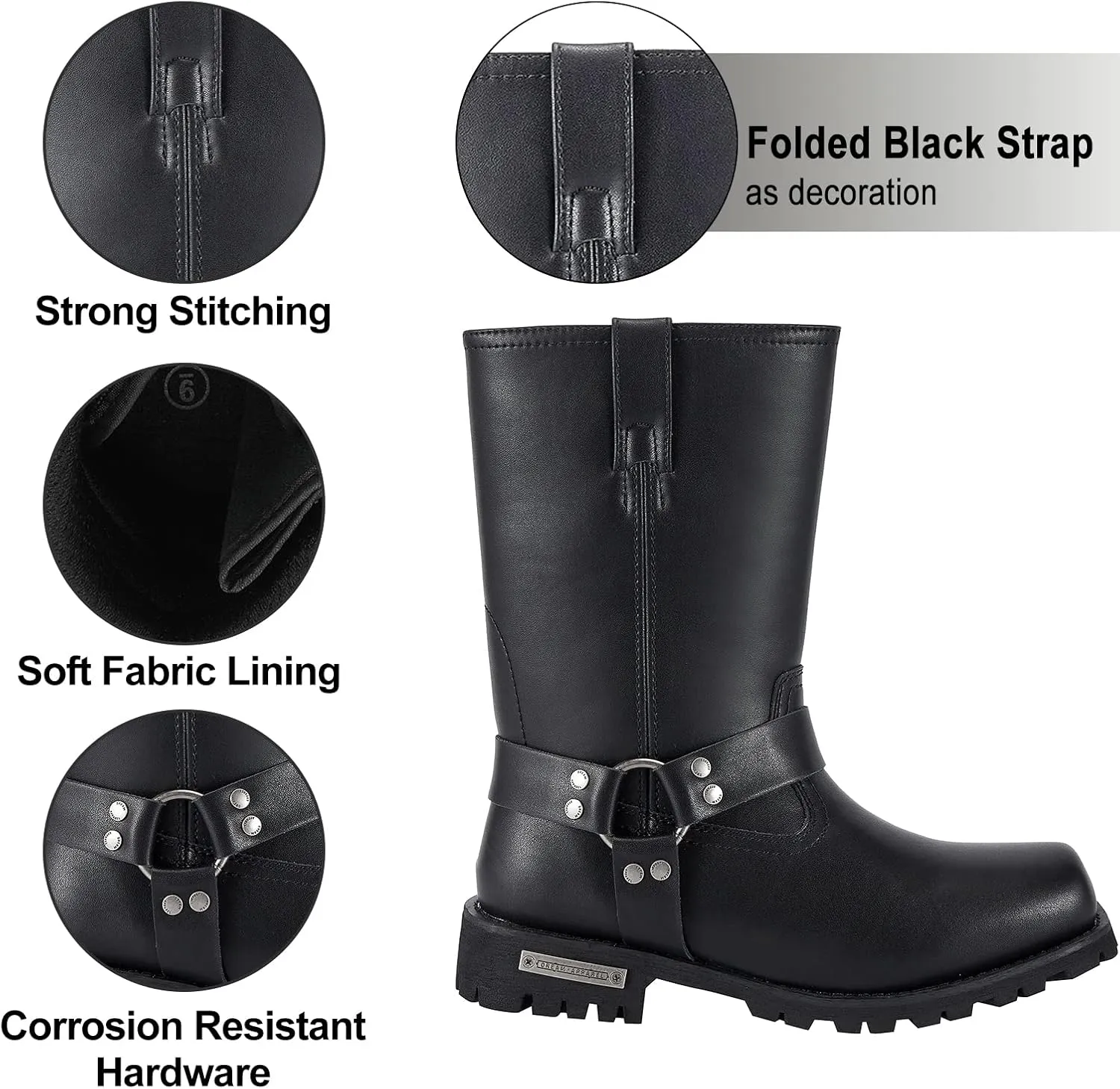 Dream Apparel Men's 11in Harness Motorcycle Boots for Riding, Square Toe Biker Boots, Waterproof Black PU Leather Mid Calf Boots Knee High Boots