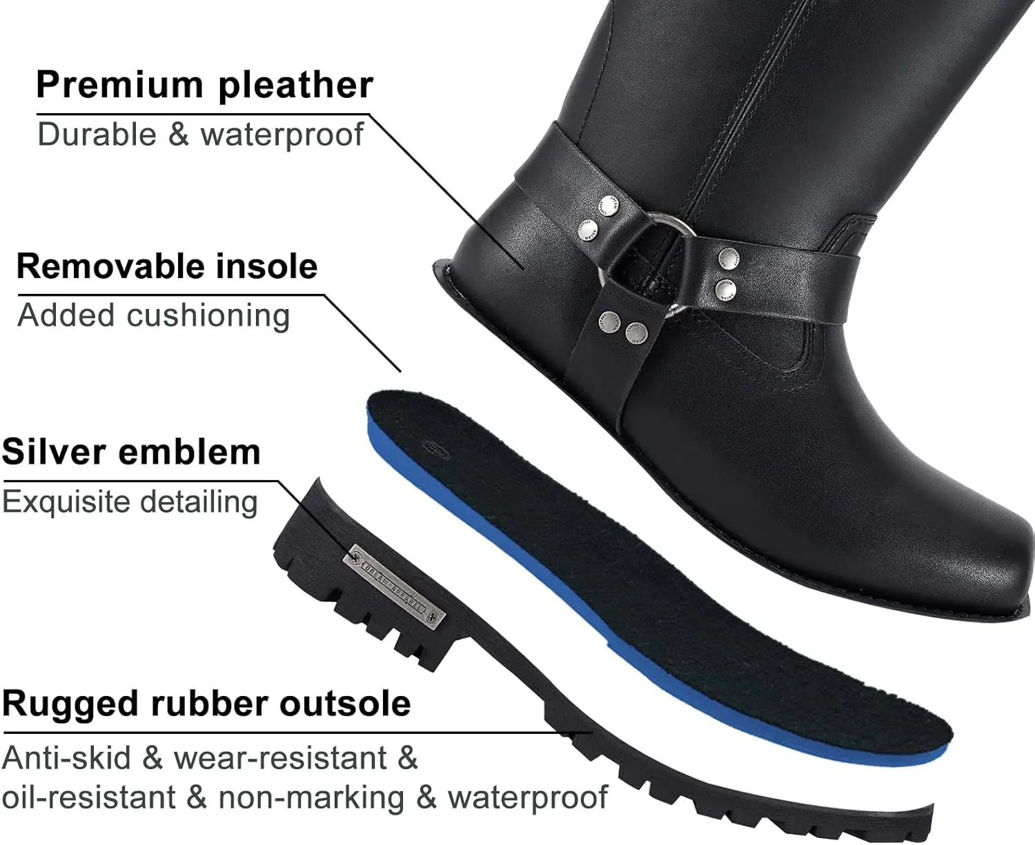 Dream Apparel Men's 11in Harness Motorcycle Boots for Riding, Square Toe Biker Boots, Waterproof Black PU Leather Mid Calf Boots Knee High Boots