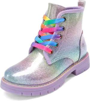DREAM PAIRS Girls Boys Glitter Ankle Boots Side Zipper Combat Shoes with Lace Up for Toddler/Little Kid/Big Kid