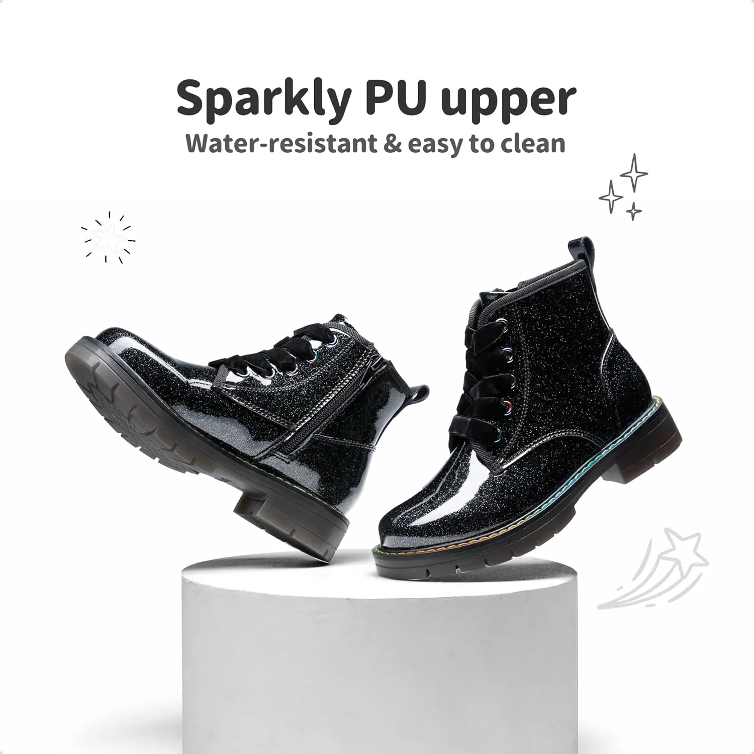DREAM PAIRS Girls Boys Glitter Ankle Boots Side Zipper Combat Shoes with Lace Up for Toddler/Little Kid/Big Kid
