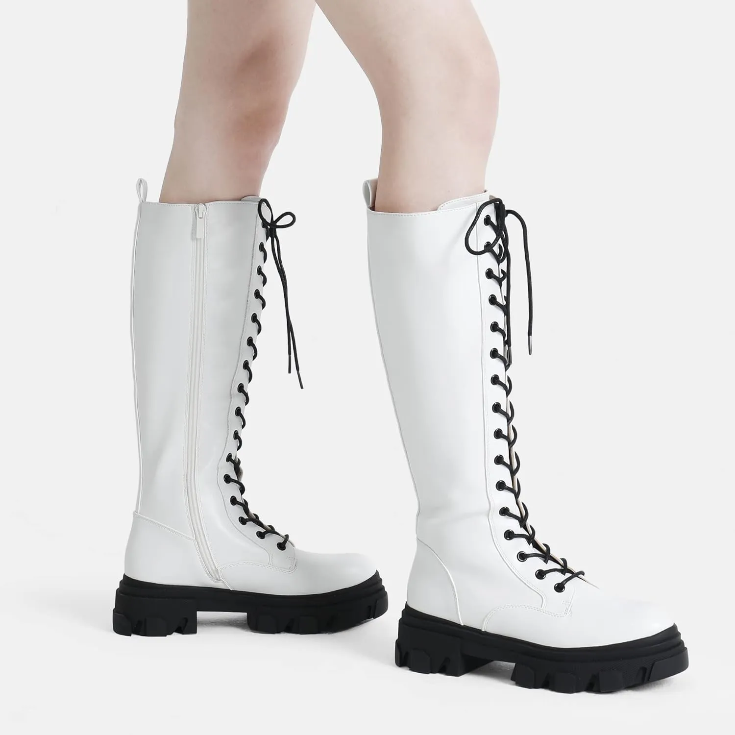 DREAM PAIRS Knee High Boots Women, Fashion Combat Boots Chunky Platform Lace Up Lug Sole Boots For Women