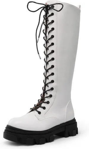 DREAM PAIRS Knee High Boots Women, Fashion Combat Boots Chunky Platform Lace Up Lug Sole Boots For Women