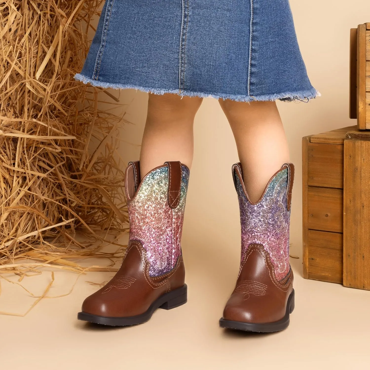 DREAM PAIRS Toddler Little Boys Girls Cowboy Boots Kids Western Square Toe Riding Mid Calf Boots